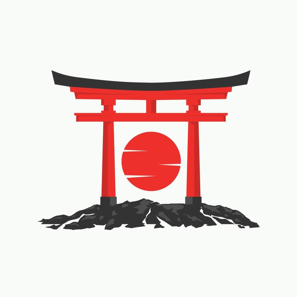 stylized representation of a Japanese Torii gate with a red rising sun in the background. vector