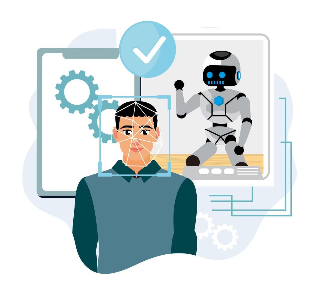 person and robot in digital interface vector