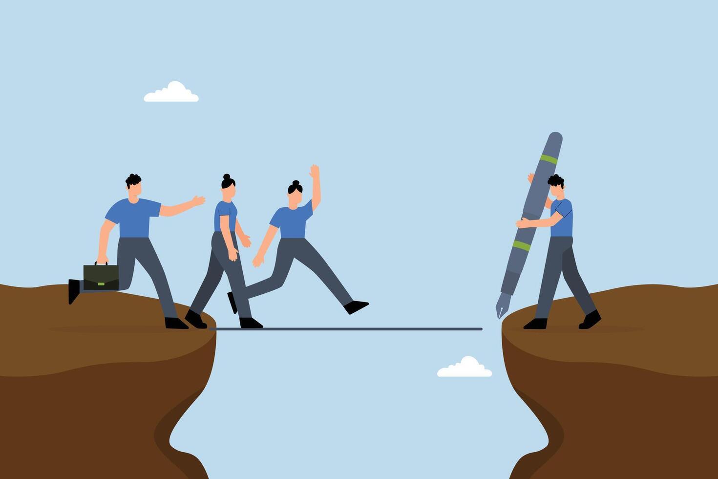 Support employee to progress, business manager pulls line down like bridge to help team members over a cliff vector