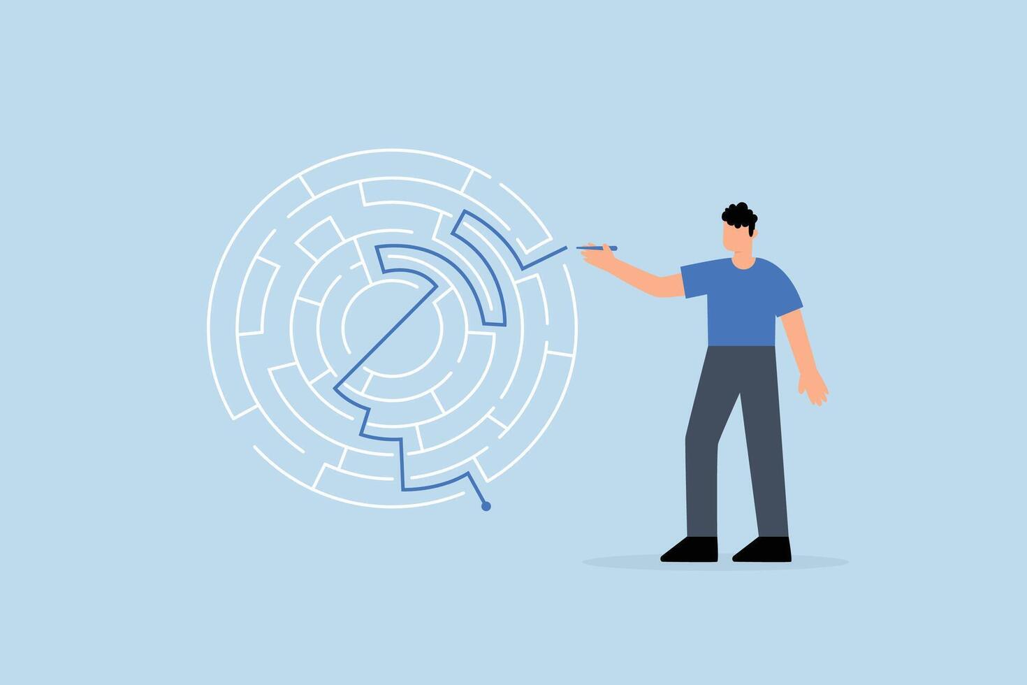 Solution solving business problem, businessman draws line to show solution to a maze problem vector