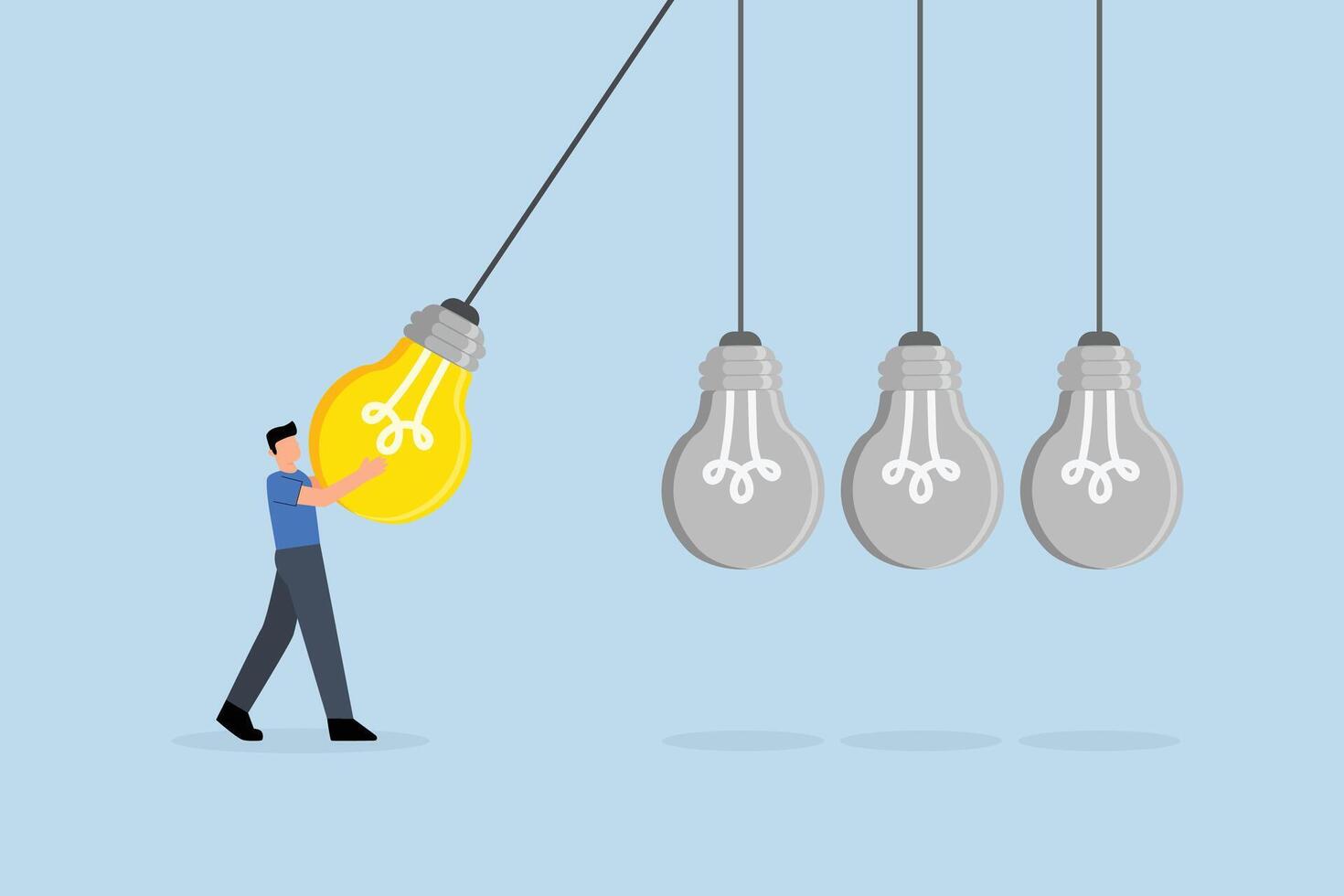 Knowledge sharing, business manager pulls light bulb into pendulum to convey information vector