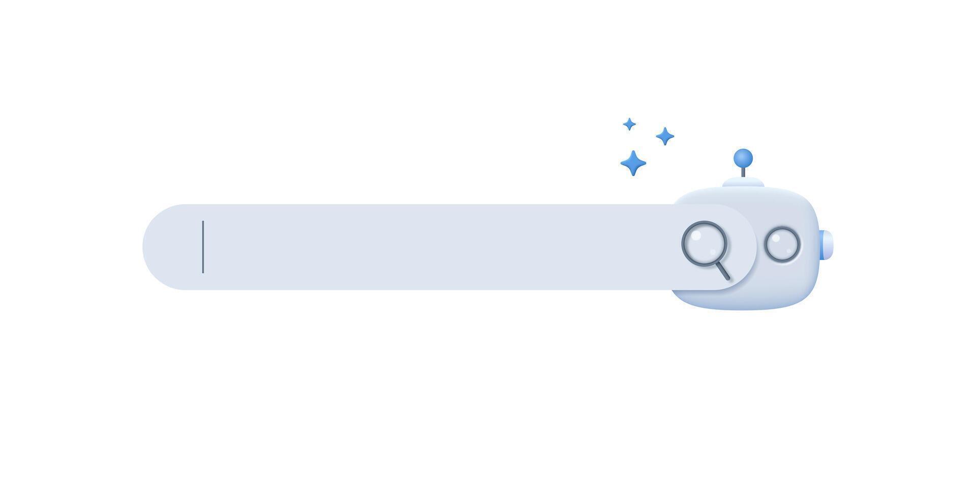 Chatbot character with search bar and magnifying glass. AI help and support with information, SEO, questions. Artificial intelligence support, service concept. vector