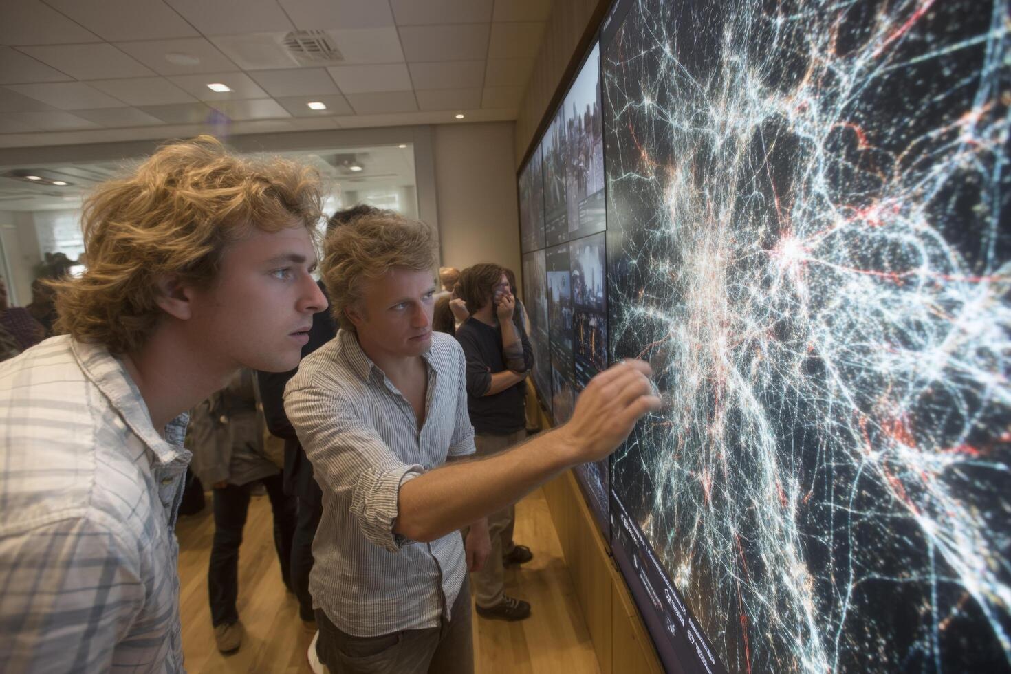 Two men looking at a large screen with a map on it photo