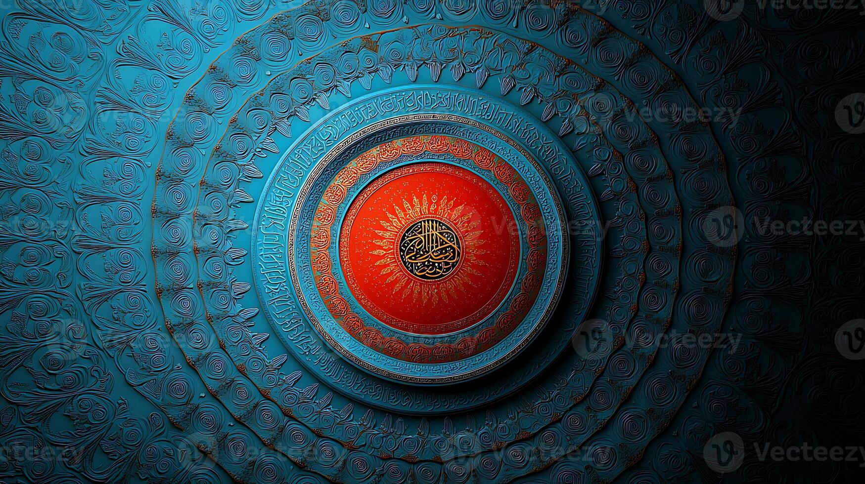 Intricate ceiling design featuring circular patterns and vibrant colors in a serene indoor setting photo