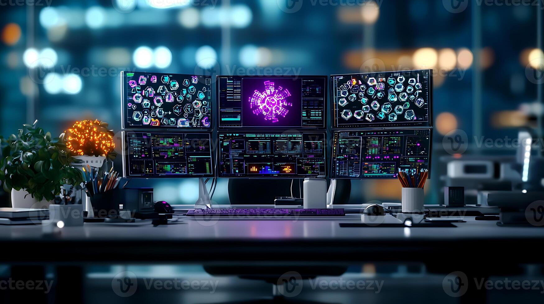 Modern workspace with multiple screens displaying data analysis in a tech-savvy environment photo