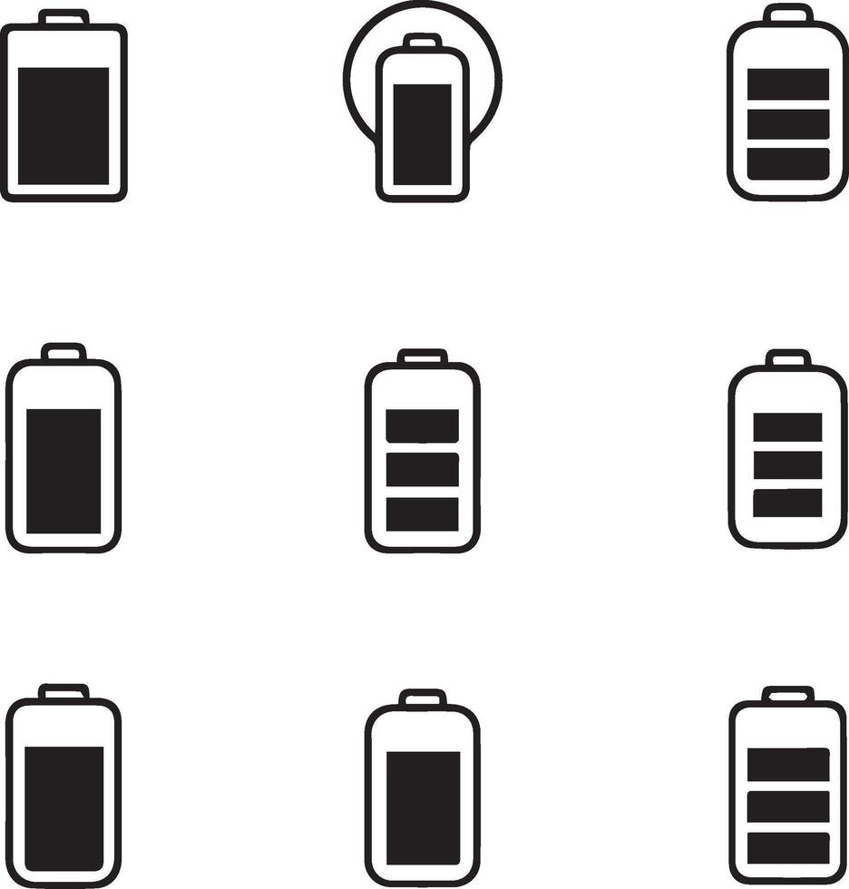 Battery charge level indicator icon set for app UI design. Collection of signs for power status. Low, medium, full, and charging battery symbol for mobile device. vector