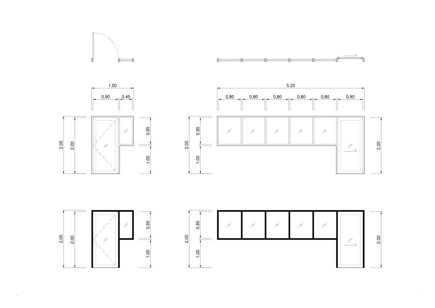 Architectural door and window elevation drawings with detailed dimensions, sections, and frame styles. Includes line weight variations for a design presentation. vector