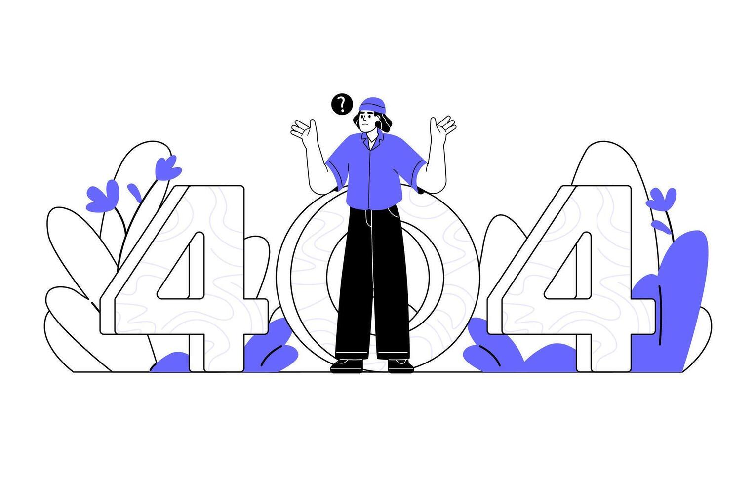 Confused man looking for something through number 404 line art style vector