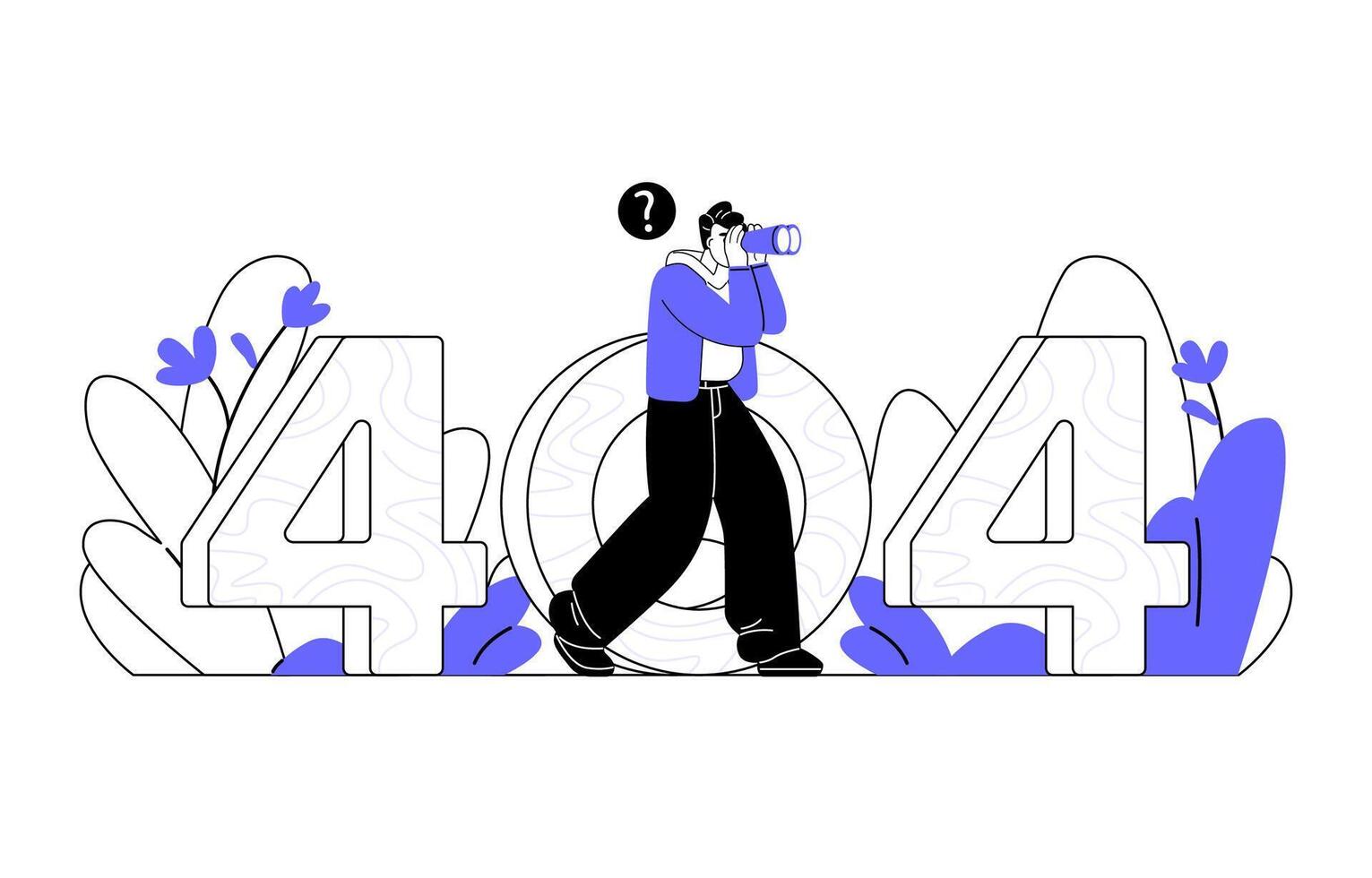 man walking while looking for something using binoculars through number 404 line art style vector