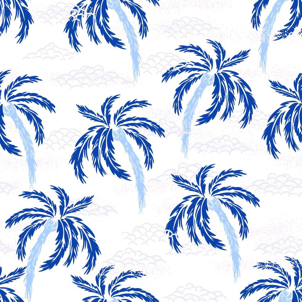 Seamless tropical pattern featuring blue palm trees with textured trunks and stylized light clouds on a white background. Perfect for summer, beach, and travel themed designs vector