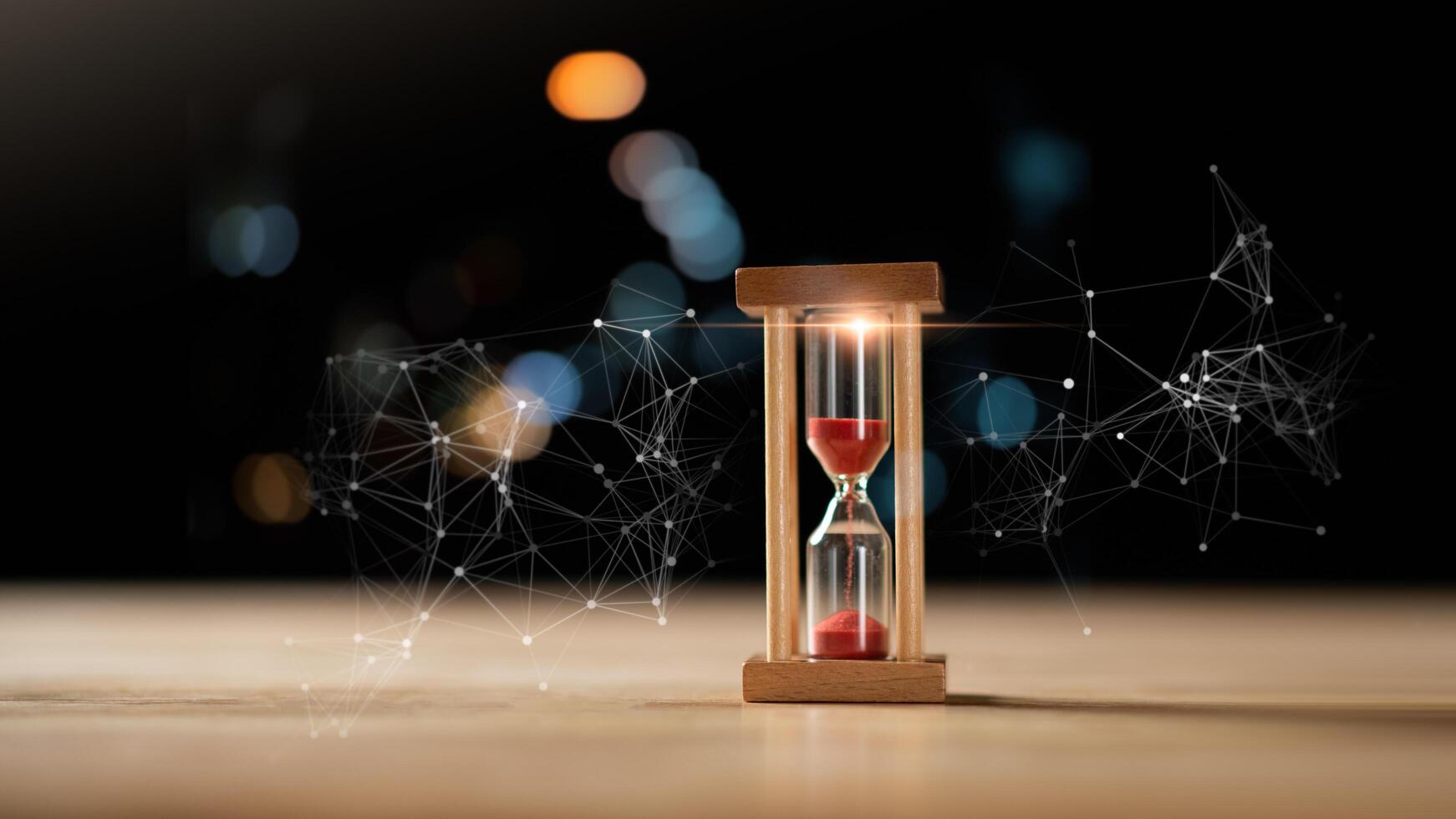 Hourglass with red sand represents time management, urgency, and prioritization, enhanced by digital network graphics and bokeh lights, perfect for business, strategy, and productivity themes. photo