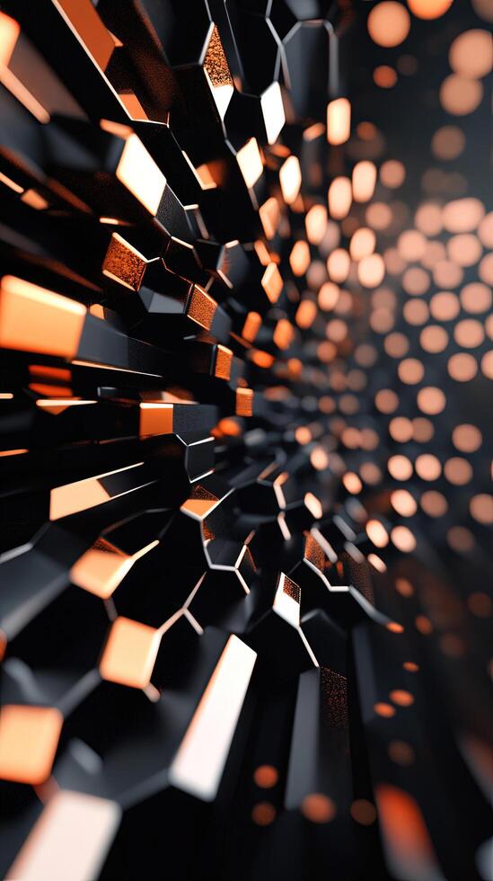 Dark hexagonal shapes with orange inner lighting create a dimensional, captivating, and mesmerizing pattern photo