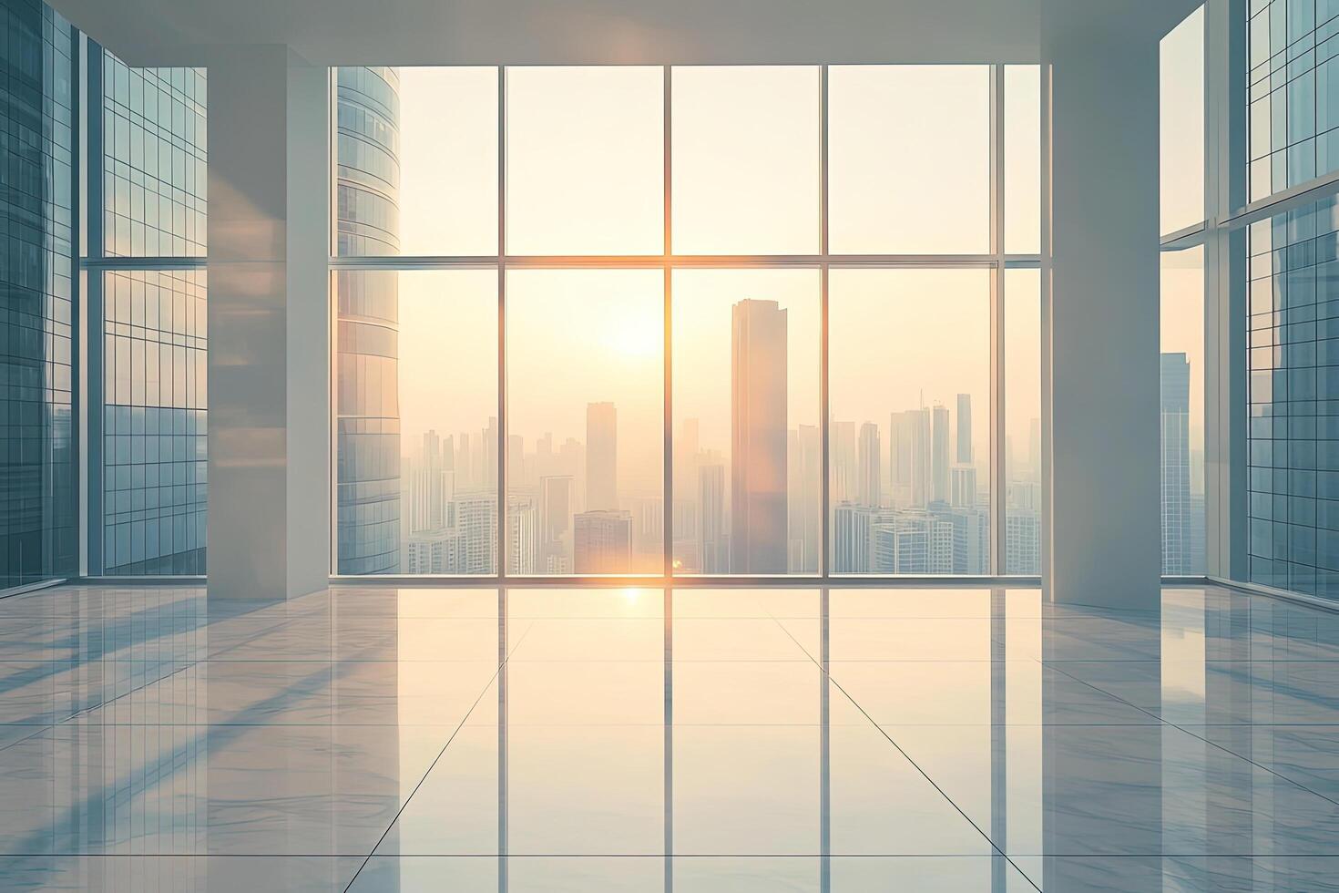 Sunlight streams into large office windows, creating reflection on the tiled floor photo