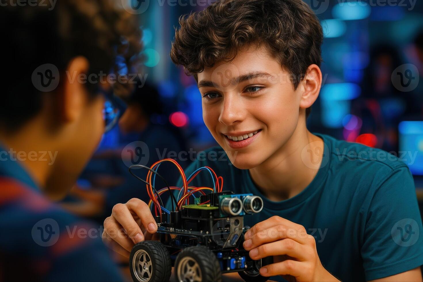 Teenagers Engaged in Robotics Collaboration with a Futuristic Robot in Science Lab photo