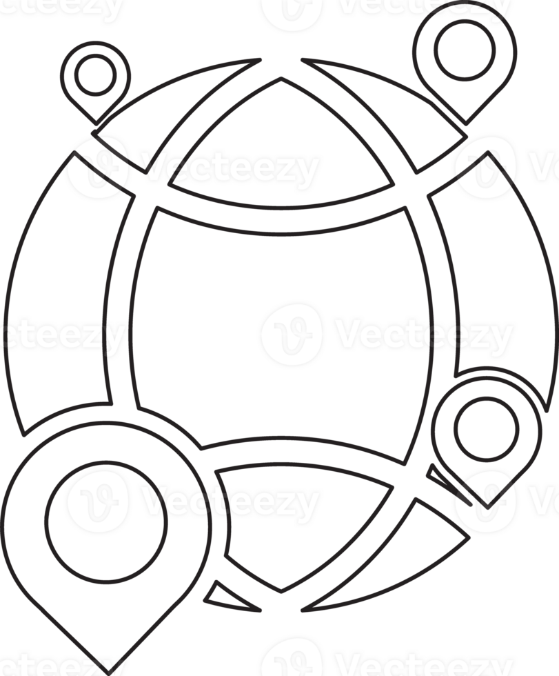 outline globe with pins and a map pointer on it png