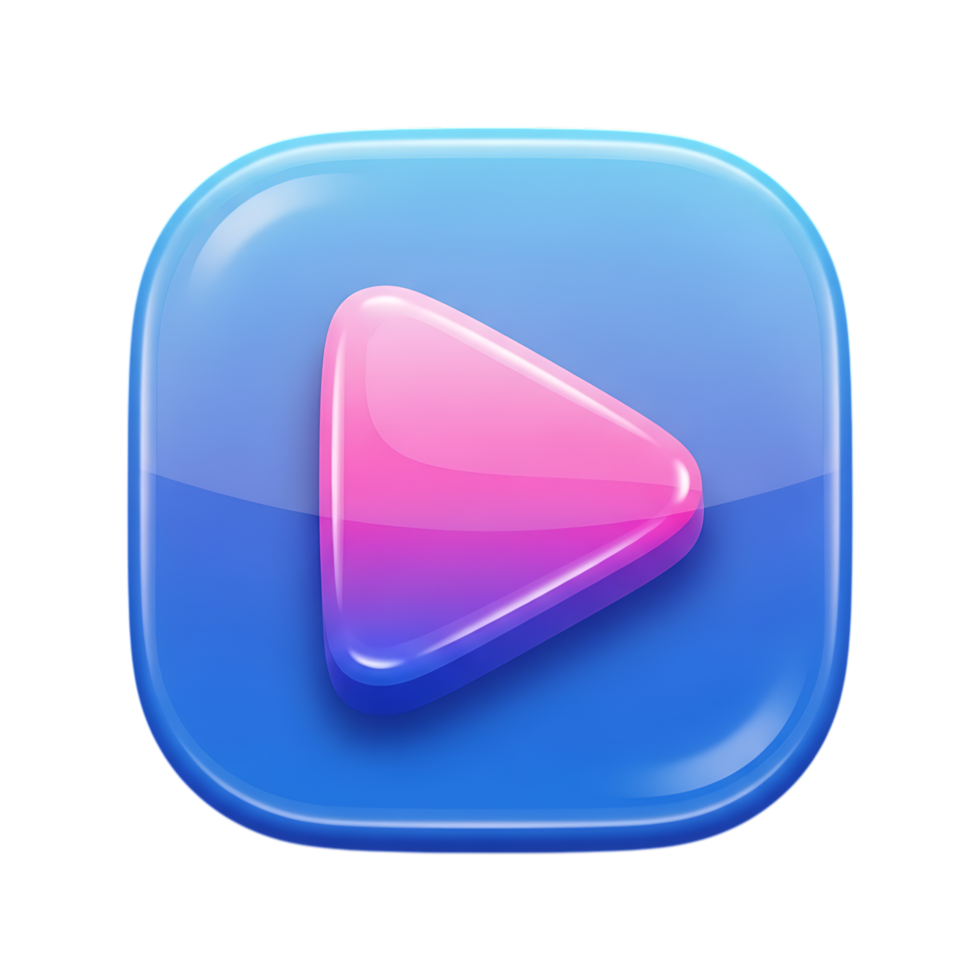 Glossy blue rounded square play button icon with pink gradient triangle isolated on transparent background png