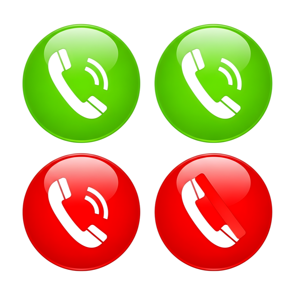 Four glossy circular buttons with phone icons two green for calling and two red for ending calls isolated on transparent background png