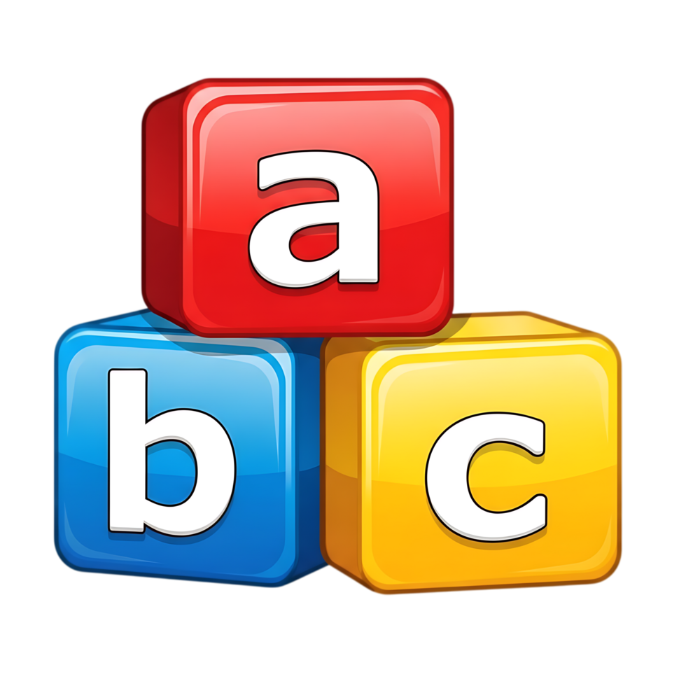 Three colorful alphabet blocks with letters a b and c stacked together isolated on transparent background png