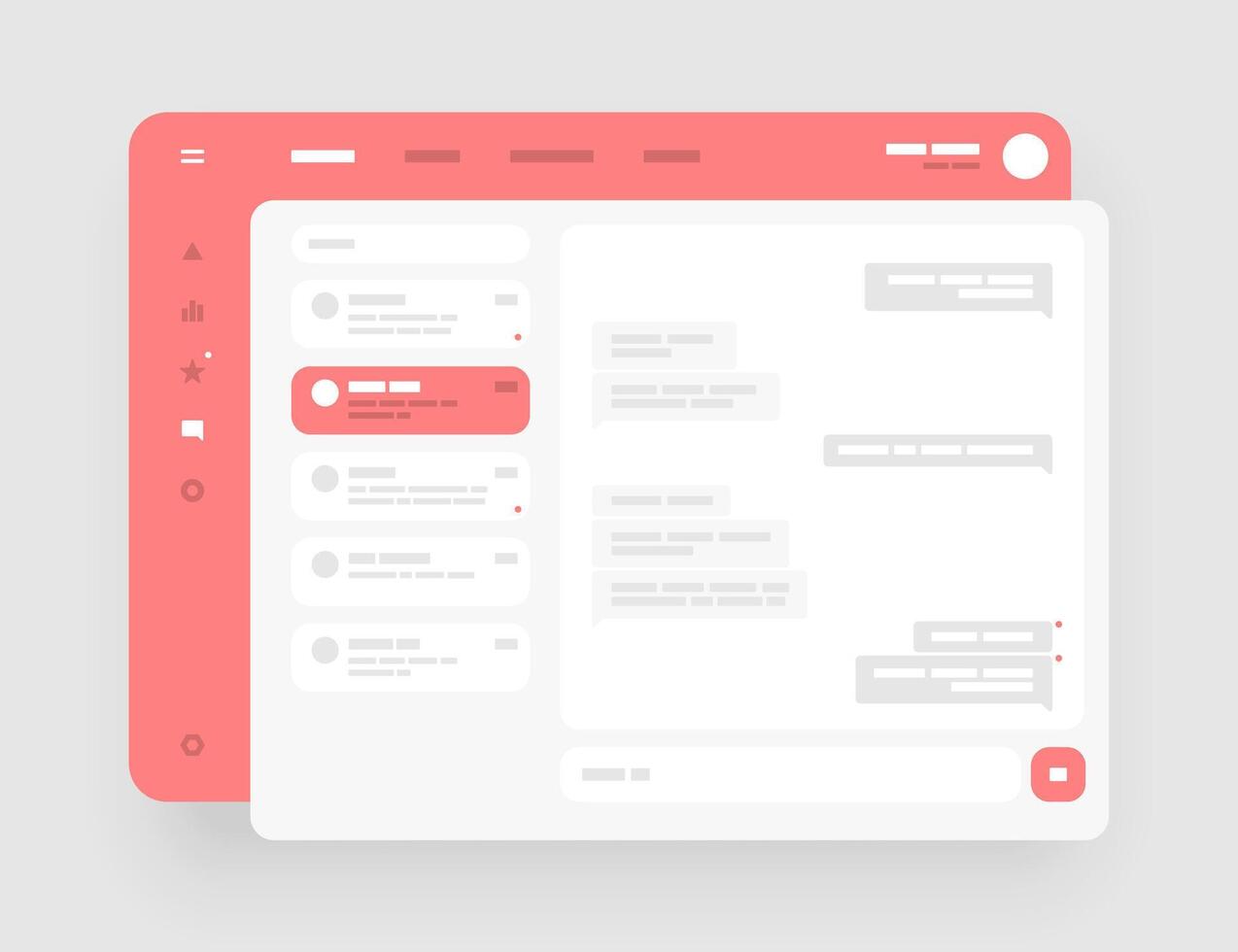 Concept for chat, social media, online messenger kit. Wireframes screens. Dashboard UI and UX Kit design. Use for mobile app or website. vector