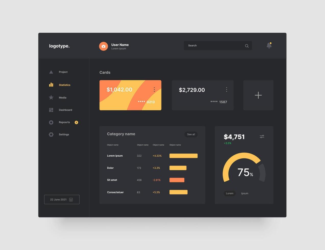 Dashboard design in dark. App interface with UI and UX elements. Use design for web application, desktop or mobile app. vector