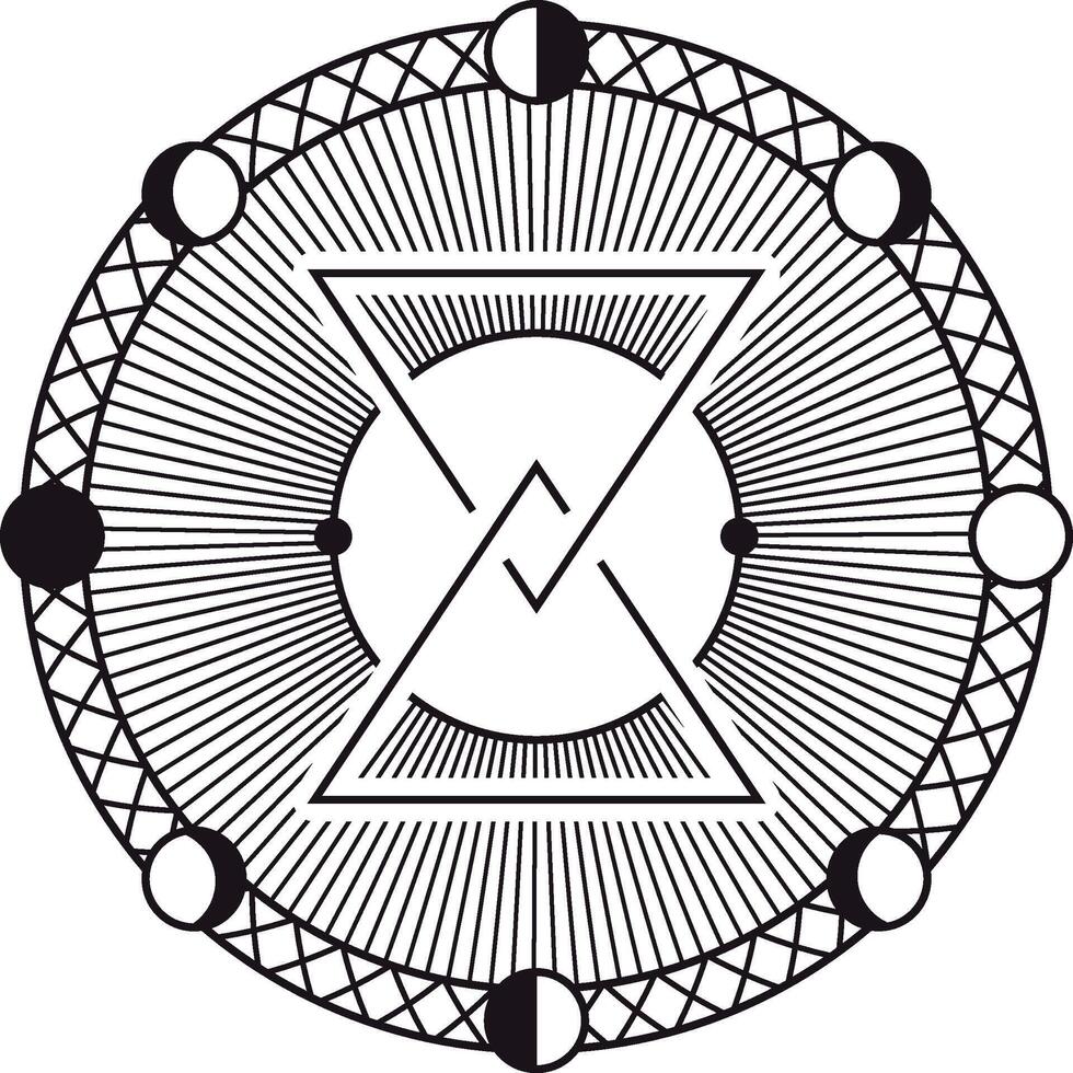 Intricate circular design showcasing moon phases, triangles, and geometric patterns, forming a mystical and esoteric symbol that embodies spiritual and celestial energy vector
