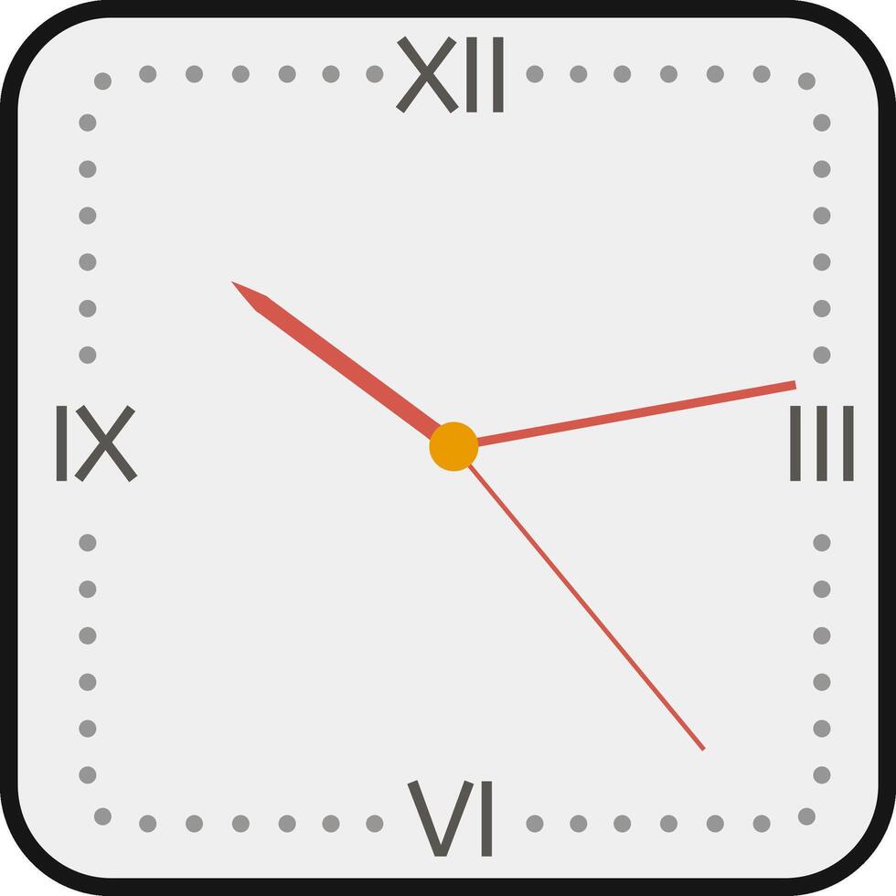 Minimalist square clock displaying half past three, featuring elegant Roman numerals, hour and minute hands, and a vibrant round yellow center against a clean white background vector