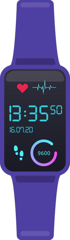 Modern purple smartwatch showing various health and activity metrics, including time, date, heart rate, step count, and activity progress, promoting a healthy and connected lifestyle vector