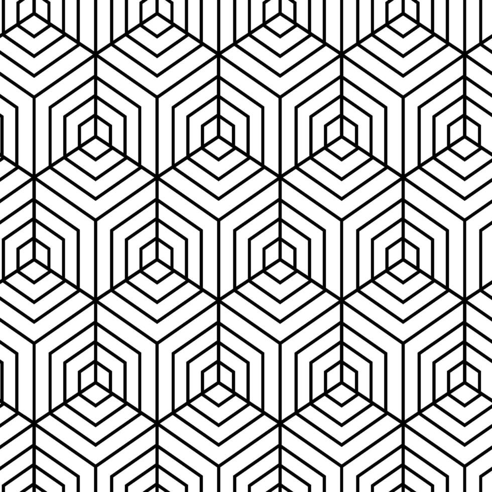 Seamless geometric pattern creating a mesmerizing optical illusion with black lines forming interconnected cubes on a white background, ideal for modern and minimalist designs vector