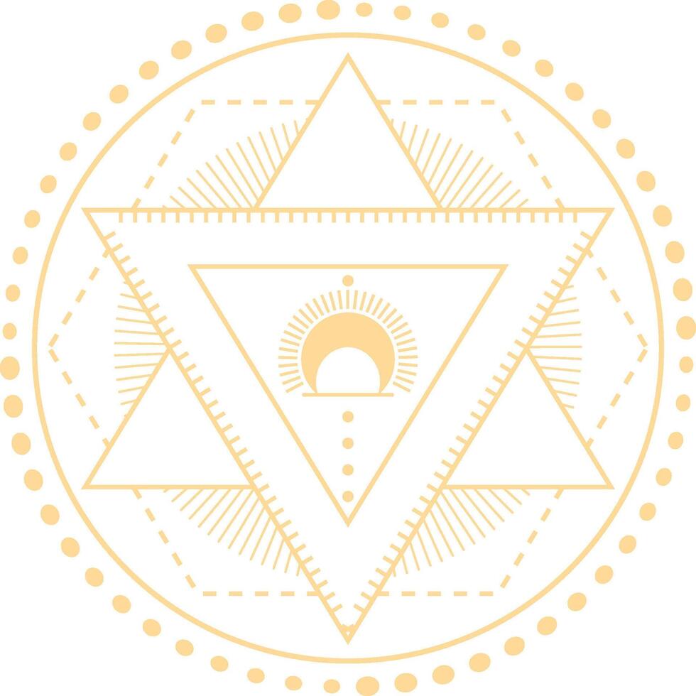 Geometric pattern with crescent moon and triangles forming a star radiating light, creating a mystical and esoteric symbol of spirituality and balance, suitable for spiritual and wellness practices vector