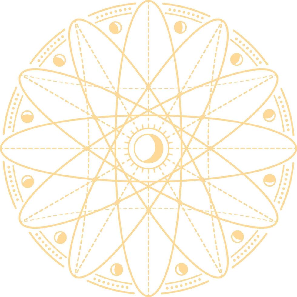 Geometric esoteric symbol featuring moon and sun phases arranged in a harmonious circular pattern, perfect for embodying spiritual and wellness themes in various designs vector