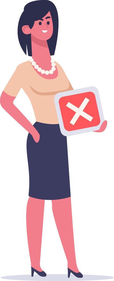 Businesswoman holding a red cross sign, clearly expressing disapproval and disagreement with a proposal or idea, symbolizing rejection and negative feedback in a professional setting vector