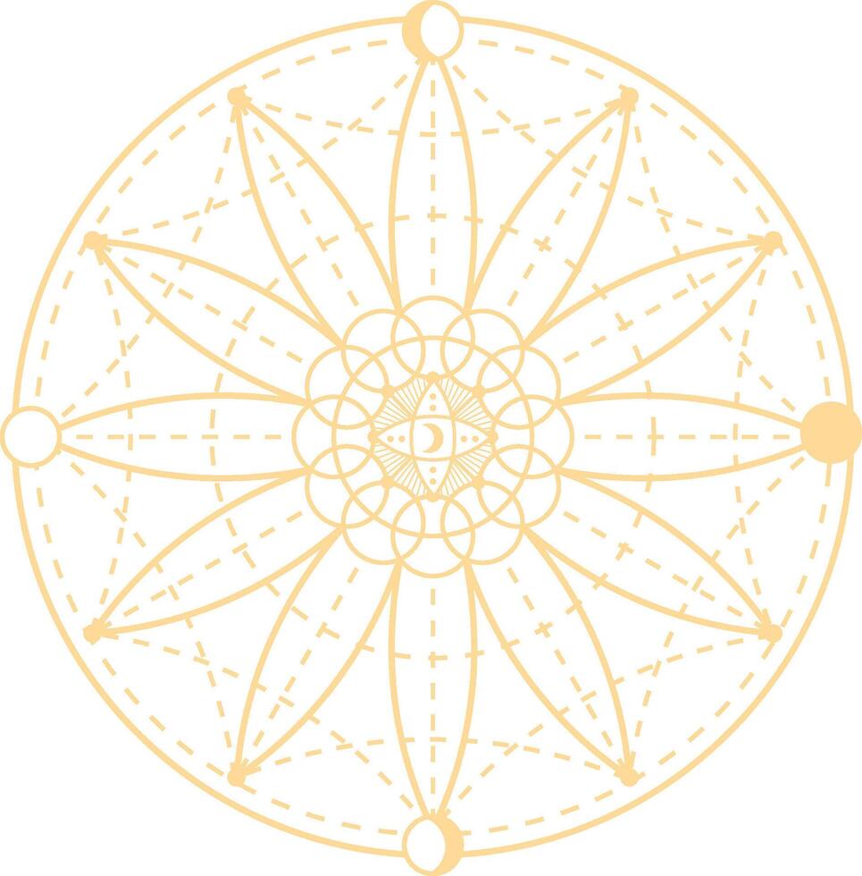 Intricate geometric patterns and crescent moons intertwining within a circular celestial mandala evoke a sense of harmony and mysticism, capturing the essence of spiritual design vector