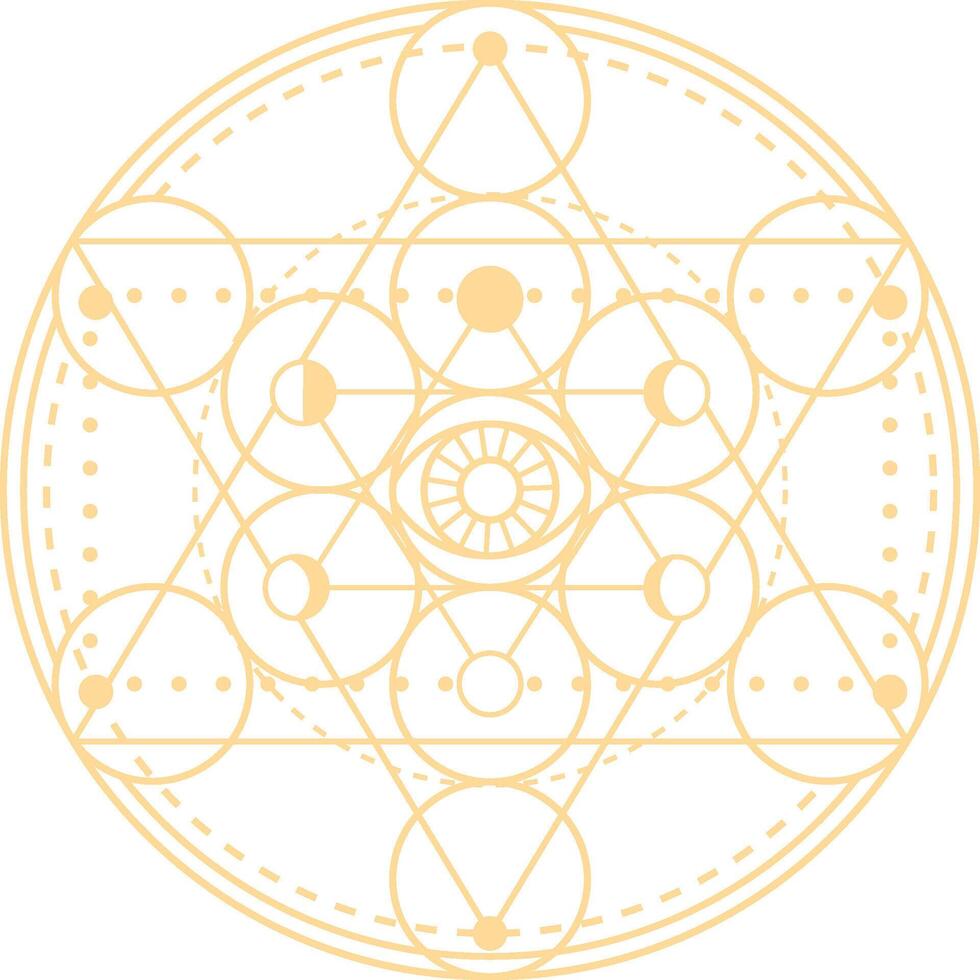 Geometric pattern featuring circles, triangles, and an eye figure, creating a captivating design rich in esoteric and spiritual symbolism for mysticism and sacred geometry projects vector