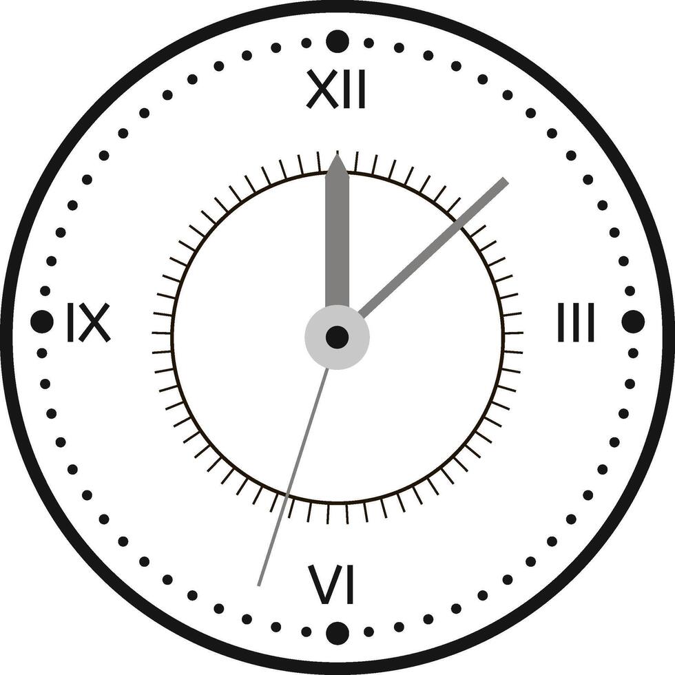 Clock face displaying hour, minute, and second hands positioned at five minutes past twelve on a clean white background, representing concepts of time, scheduling, and deadlines vector