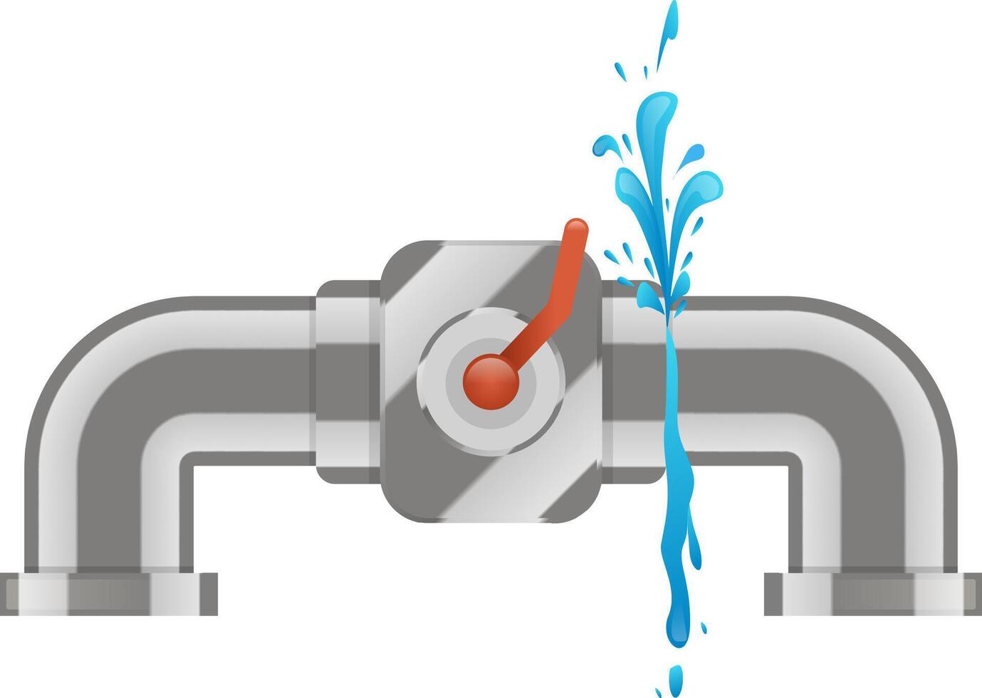 Water is leaking and splashing from a metallic plumbing pipe next to a valve with a red lever, representing water damage and plumbing issues vector