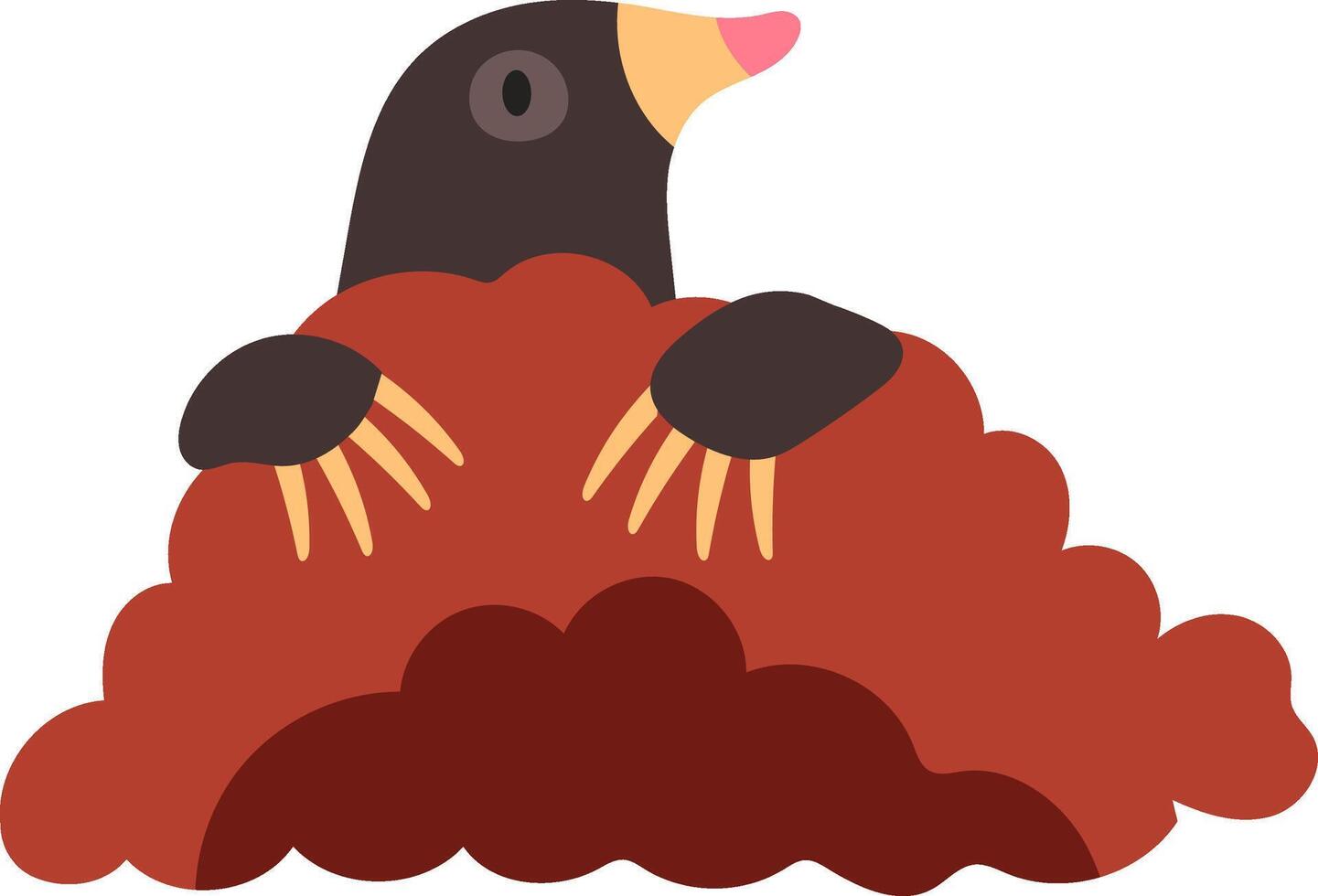 Curious mole emerging from a reddish brown molehill, showcasing its pink nose and large claws while peeking upward, embodying the charm of wildlife in a playful manner vector