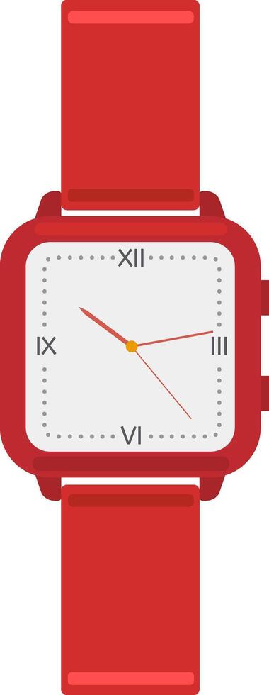 Modern red wristwatch featuring elegant Roman numerals displays the current time against a clean white background, creating a simple yet stylish flat illustration vector
