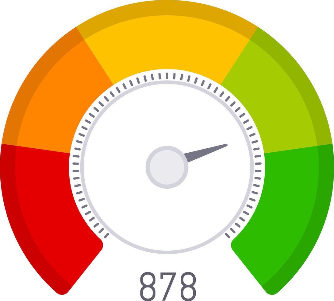 Credit score indicator with colorful segments and needle pointing high value representing good financial standing, ideal for visualizing financial health and loan applications vector