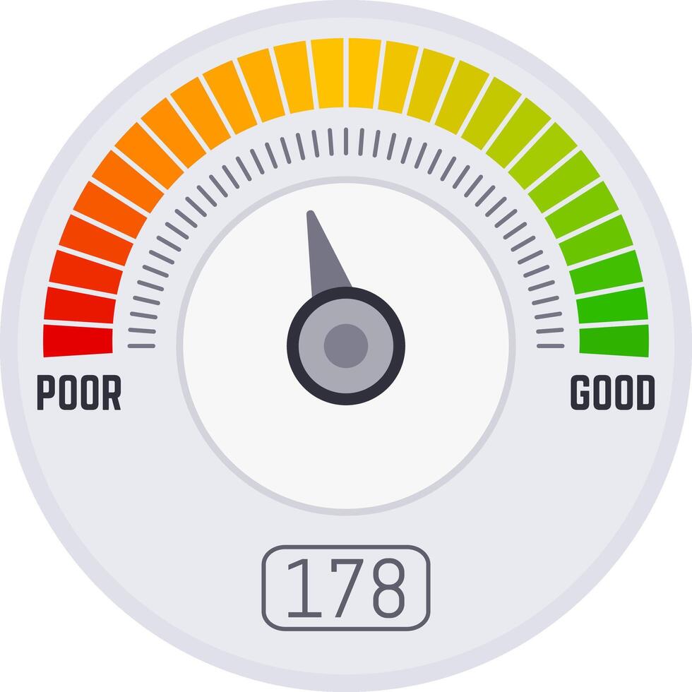 Credit score meter pointing good financial rating, from poor to good, with colored segments and a needle indicating a numerical value representing customer's creditworthiness vector