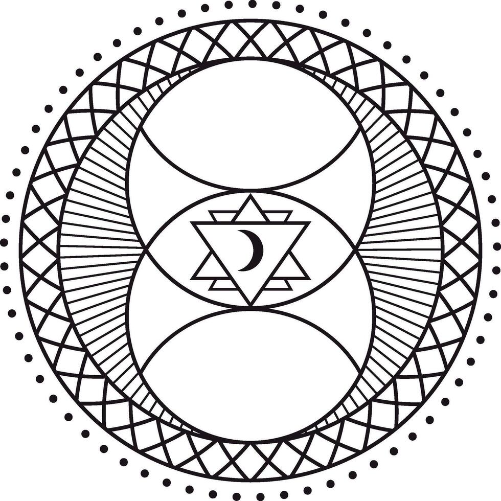 Esoteric symbol featuring a crescent moon within triangles, arranged in sacred geometry and encircled by an ornate frame with geometric and dotted decorations vector