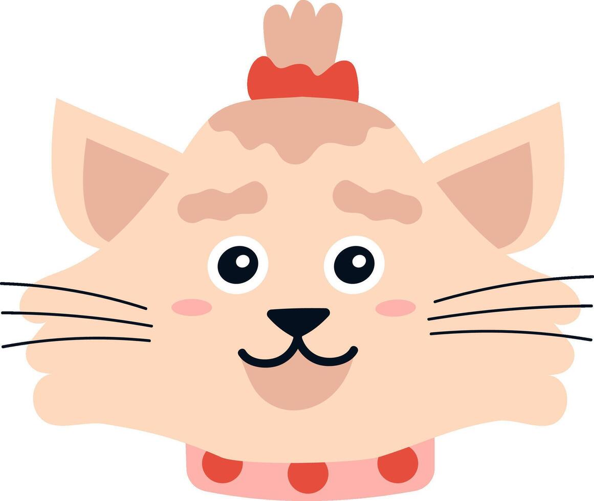Adorable cartoon cat with a red bow on its head and a matching collar, smiling and looking forward, conveying a sense of joy and playfulness vector