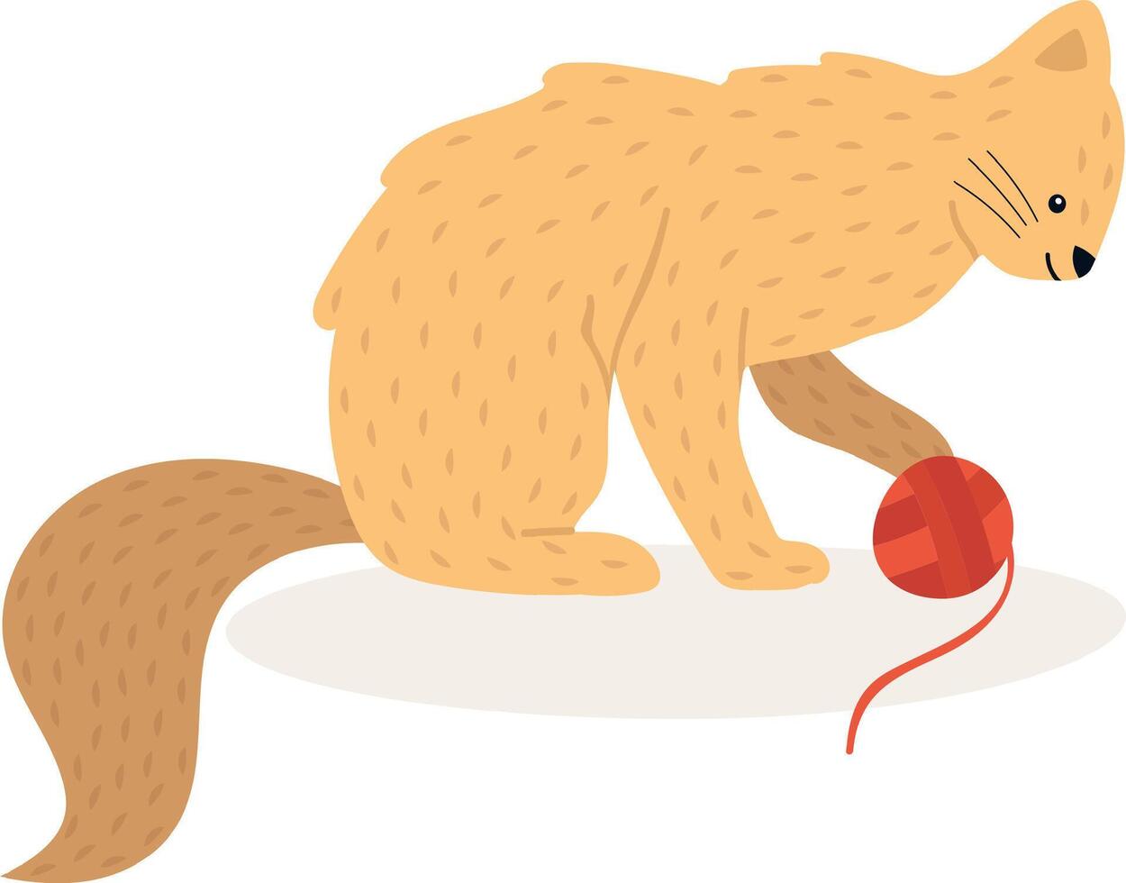 Playful ginger cat gently touching a red ball of yarn with its paw, enjoying a moment of fun and amusement on a simple off white background vector