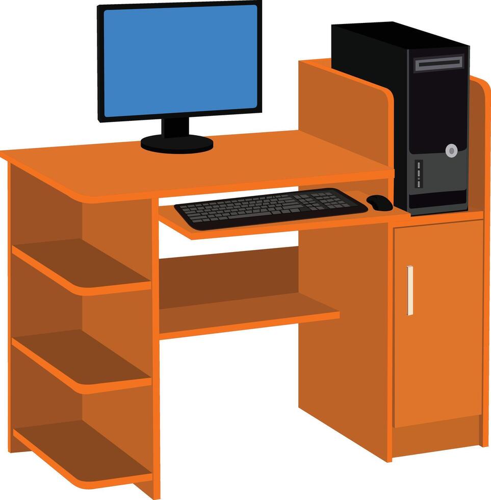 Functional computer desk setup with monitor, keyboard, and tower in a vibrant and modern design vector
