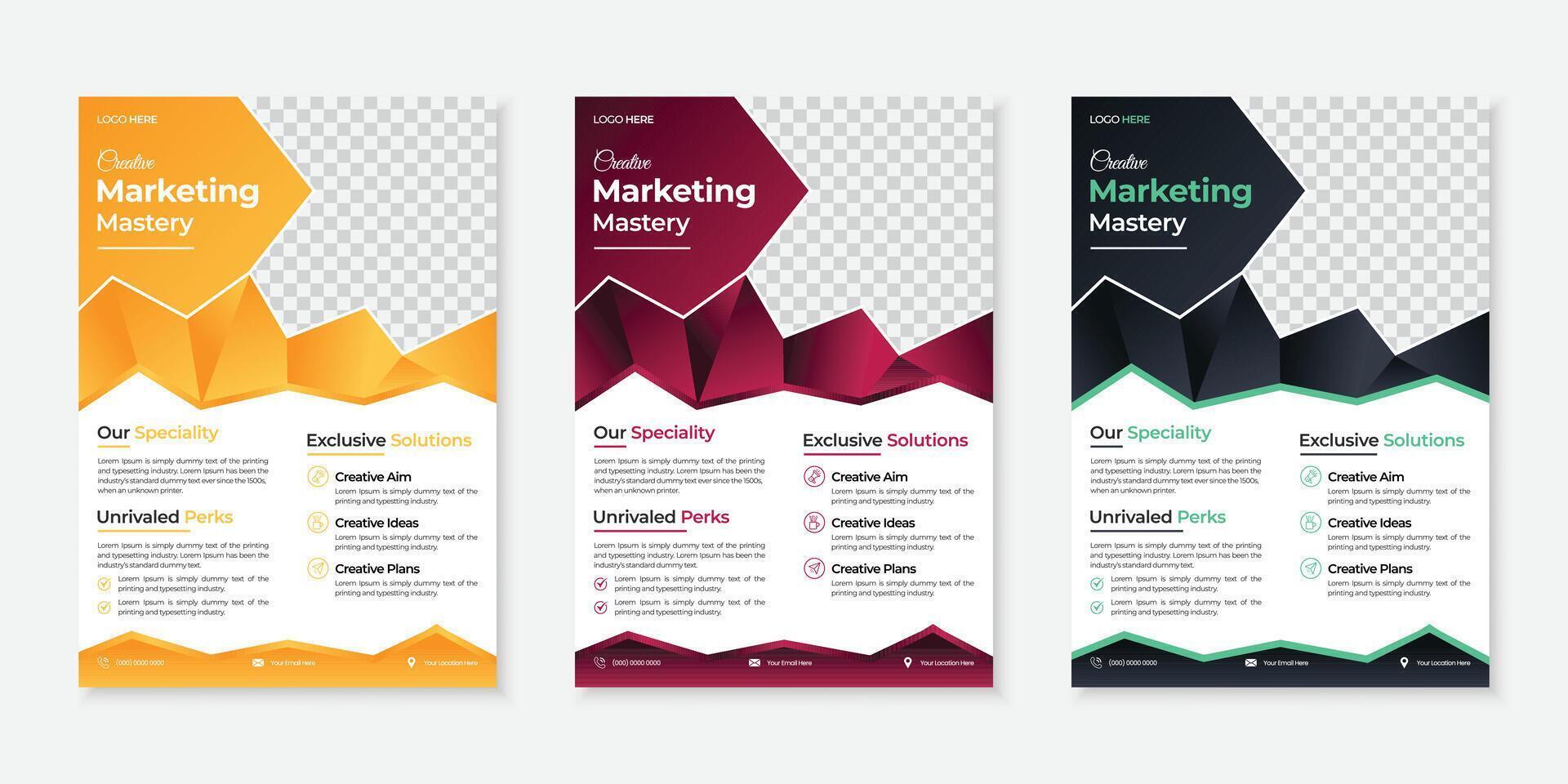 Modern marketing flyer template with abstract geometric design and placeholder for image, available in multiple color options vector