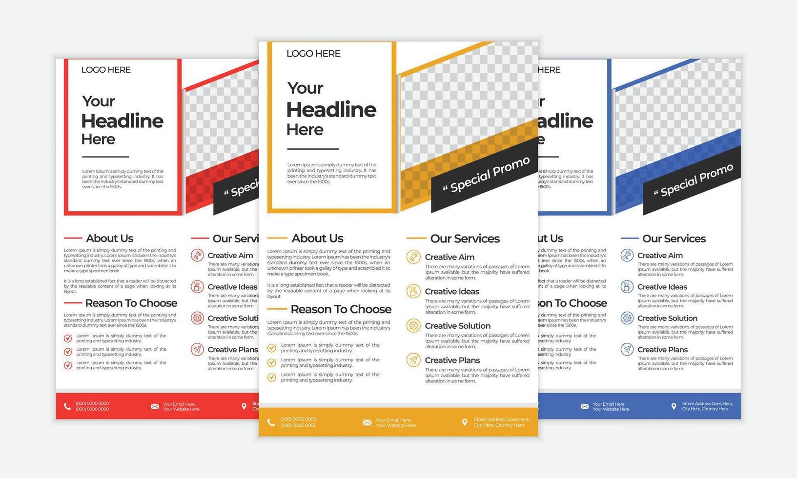 Set of modern business flyer templates with placeholder for text and image, isolated on white background vector