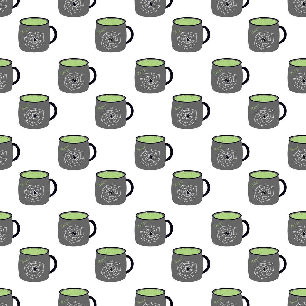 Gray Mugs with Witch Green Potion and Bubbles with spider and cobweb on Front side Seamless Pattern. Isolated illustration Halloween Related Themes Greeting Cards, leaflets, tags, party invite vector