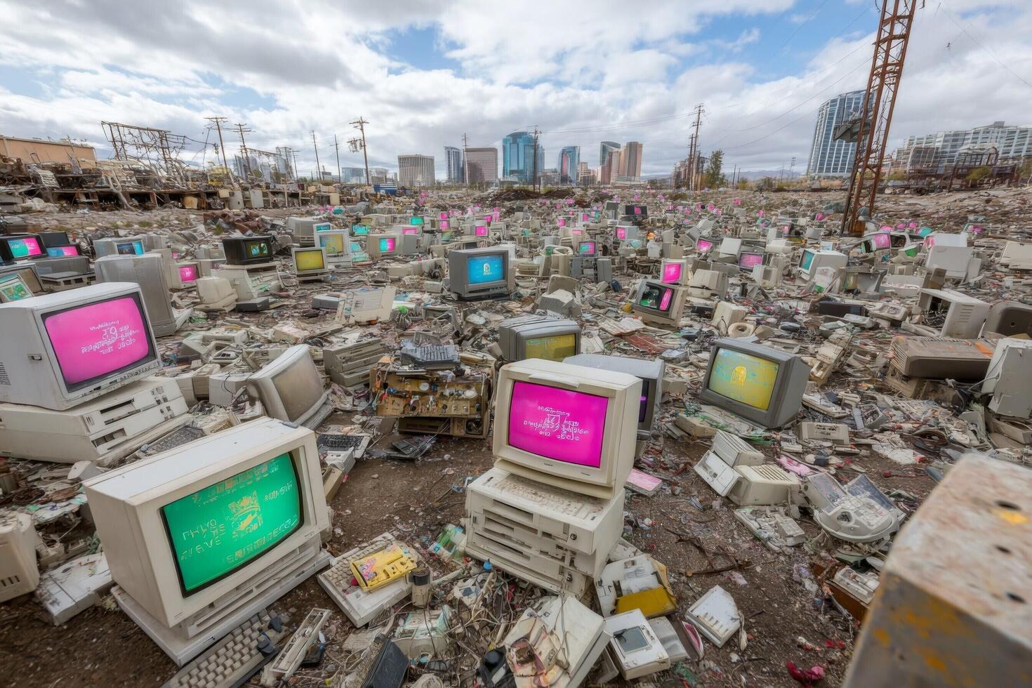 A pile of old computers and monitors in a field photo