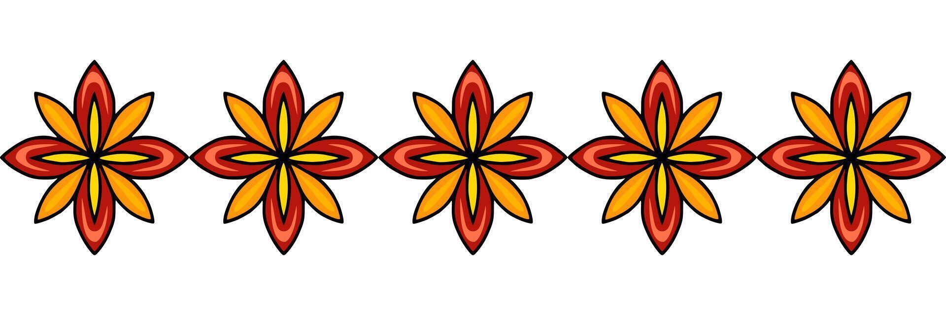 Seamless border design featuring a repeating pattern of stylized orange and red flowers with a bold black outline, perfect for adding a vibrant, ethnic touch to various design projects. vector