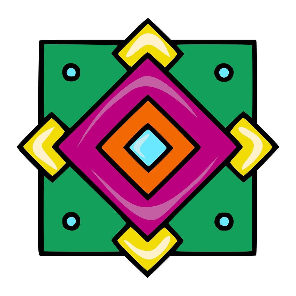 Vibrant square pattern with nested geometric shapes in bold colors emerald green, magenta, orange, and light yellow, creating a dynamic and playful composition. vector