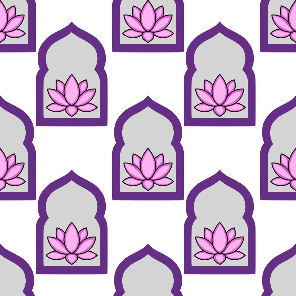 Seamless pattern featuring pink lotus flowers nestled within elegant purple and grey arched frames, creating a sophisticated and repeating design ideal for various applications. vector